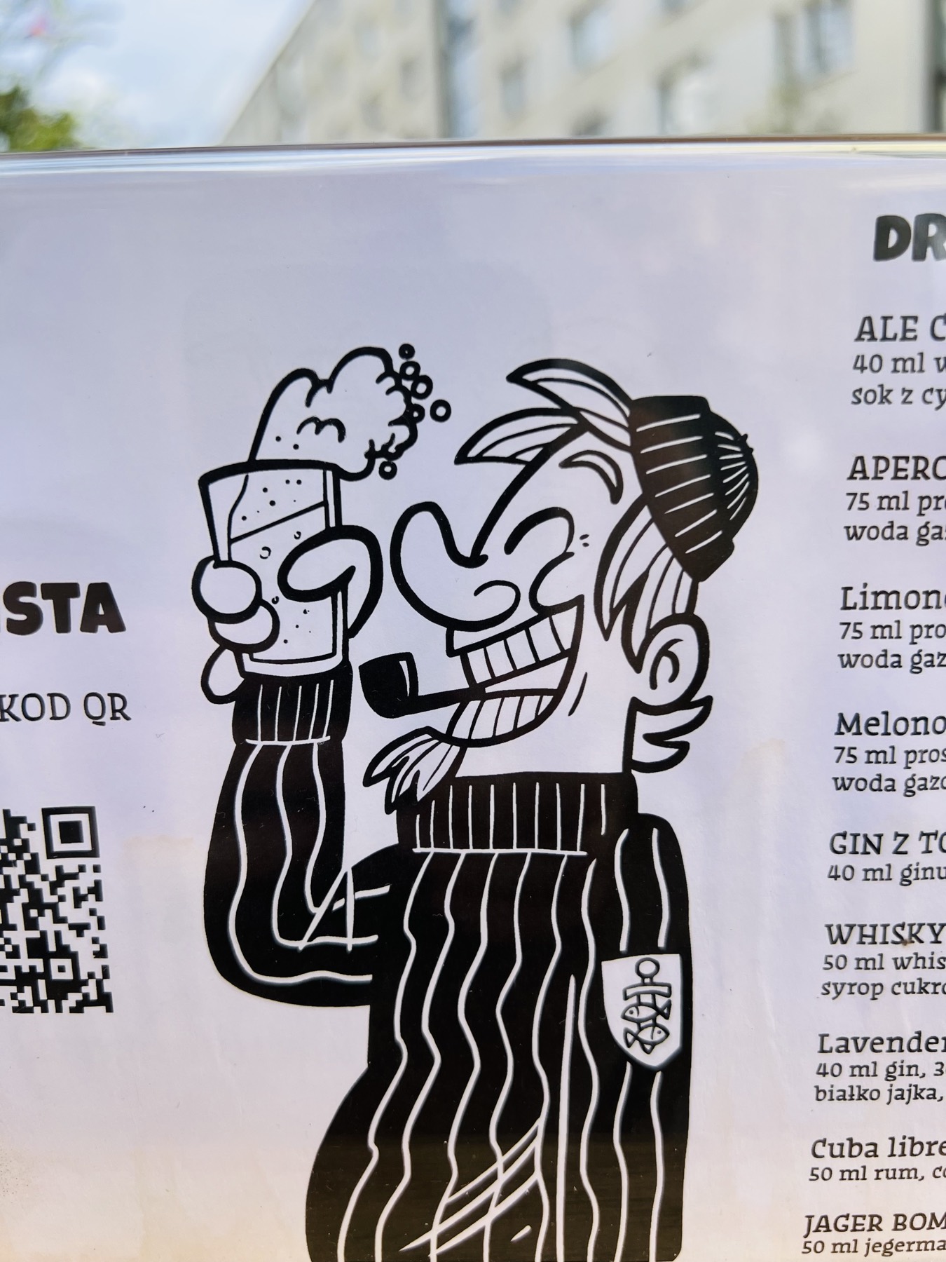 Menu cartoon of a grinning sailor in a striped sweater with a pipe, raising a glass